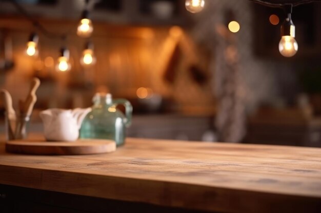 Le fond de la cuisine rustique a une table en bois vide et des lumières floues Generative AI