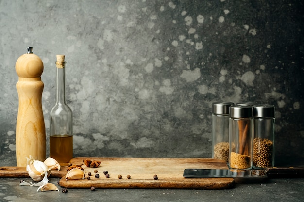 Fond de cuisine de table. Fond de nourriture pour cuisiner des plats faits maison, de la viande et des légumes