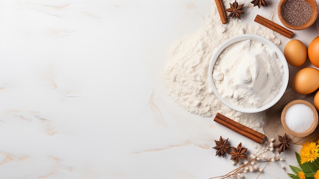 Fond de cuisson Ingrédients pour la cuisson de la farine, des œufs, du sucre, du lait et des épices Vue de dessus avec espace de copie sur une table rouillée foncée Photo de haute qualité