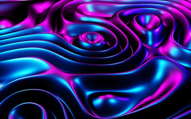 Fond cyberpunk Formes abstraites ondulées et rondes liquide dans le néon Texture dégradée brillante eau de surface flux de fluide bleu rose violet foncé Toile de fond futuriste illustration 3d réalité virtuelle