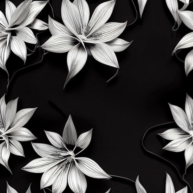 Fond décoratif avec des fleurs métalliques en fil d'argent en filigrane sur illustration 3D noire