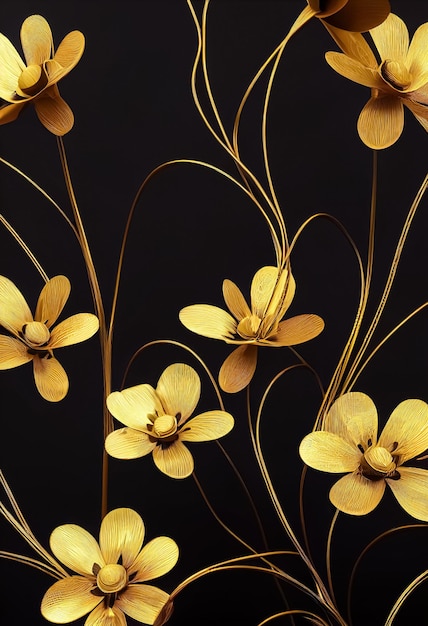 Fond décoratif avec des fleurs métalliques en fil d'or en filigrane sur noir