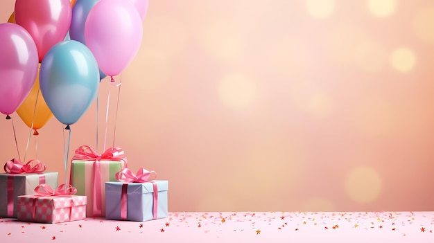 fond de décoration festive et joyeux anniversaire décoré de ballons et de cadeaux d'anniversaire