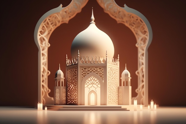 Fond de décoration islamique avec un beau style de dessin animé de mosquée ramadan kareem mawlid iftar isra miraj eid al fitr adha muharram copie espace zone de texte illustration 3D