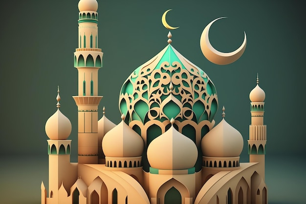 Fond de décoration islamique avec un beau style de dessin animé de mosquée ramadan kareem mawlid iftar isra miraj eid al fitr adha muharram copie espace zone de texte illustration 3D