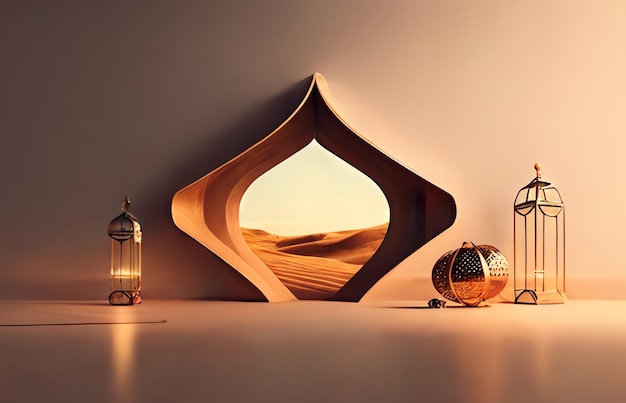 Fond de décoration islamique avec un beau style de dessin animé de mosquée ramadan kareem mawlid iftar isra miraj eid al fitr adha muharram copie espace zone de texte illustration 3D