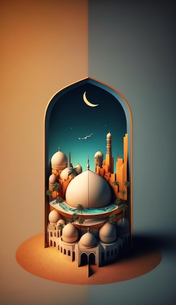 Fond de décoration islamique avec un beau style de dessin animé de mosquée ramadan kareem mawlid iftar isra miraj eid al fitr adha muharram copie espace zone de texte illustration 3D