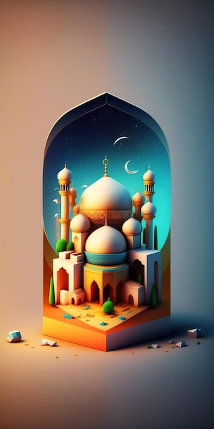 Fond de décoration islamique avec un beau style de dessin animé de mosquée ramadan kareem mawlid iftar isra miraj eid al fitr adha muharram copie espace zone de texte illustration 3D