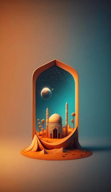Fond de décoration islamique avec un beau style de dessin animé de mosquée ramadan kareem mawlid iftar isra miraj eid al fitr adha muharram copie espace zone de texte illustration 3D
