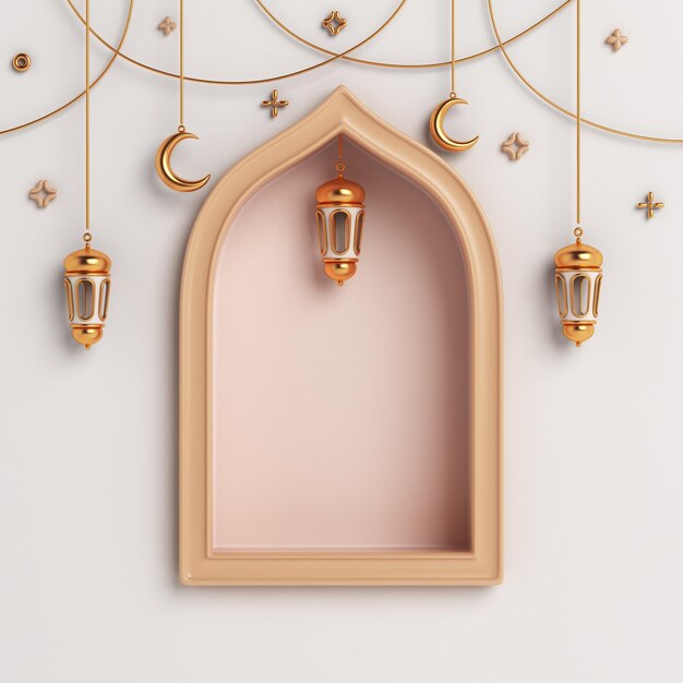 Fond de décoration islamique avec cadre de fenêtre lanterne croissant de lune ramadan kareem