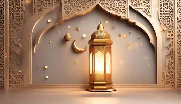 Fond de décoration islamique avec lanterne et croissant de lune style de luxe