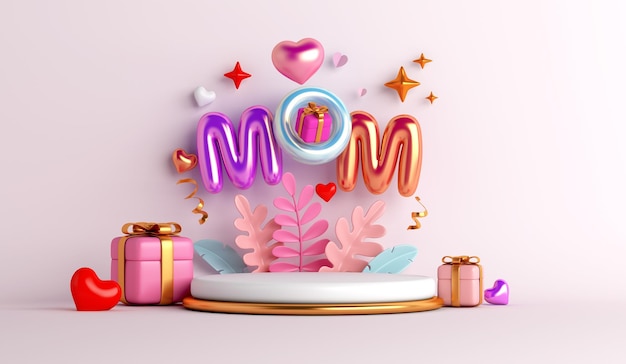 Photo fond de décoration de podium d'affichage de fête des mères heureux avec texte de maman de ballon de boîte-cadeau