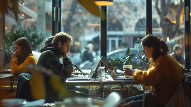 Un fond défocalisé mettant en vedette un groupe d'écrivains dans un café chacun perdu dans son propre monde alors qu'ils