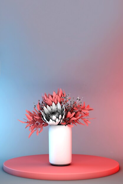 Fond Dégradé 3d Avec Bouquet De Printemps Rouge Pastel Dans Le Vase Blanc Debout Sur Le Podium. Scène Pastel Abstraite à La Mode élégante. Carte De Voeux Ou D'invitation.