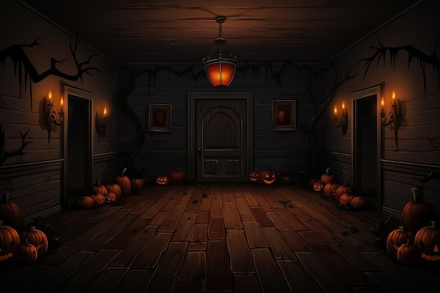 Photo fond de dessin animé d'halloween avec citrouilles et maison de sorcière