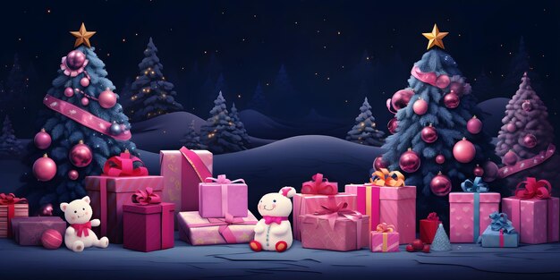 Fond de dessin animé de style rétro de Noël avec des cadeaux de nombreux éléments différents ai générer