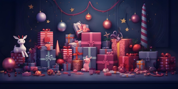Fond de dessin animé de style rétro de Noël avec des cadeaux de nombreux éléments différents ai générer