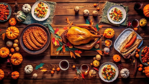 Fond de dîner de Thanksgiving avec dinde et plats de tous les côtés tarte à la citrouille