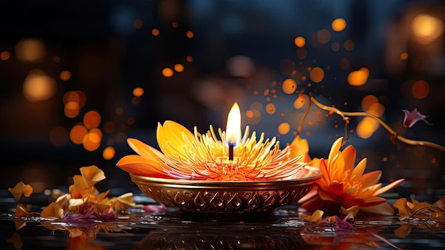 fond de Diwali heureux avec des bougies brûlantes fond sombre et flou