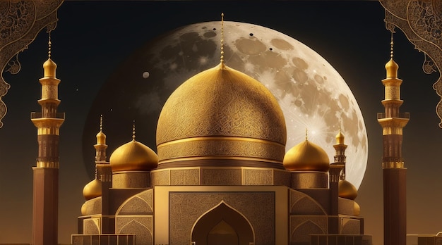 Un fond doré et brun complexe avec une image d'une mosquée et d'une lune AI générative