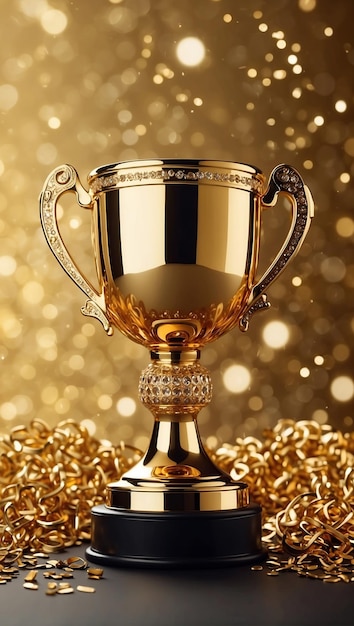 Photo fond doré étincelant avec une coupe des vainqueurs trophée d'or du champion sur fond doré