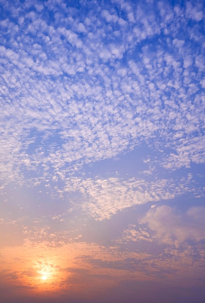 Fond dramatique de ciel de coucher du soleil avec les nuages d'altocumulus et la lumière du soleil orange sur le ciel bleu de crépuscule