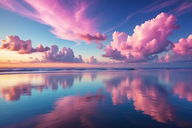 Le fond du ciel au coucher du soleil, les nuages colorés, la nature, la composition abstraite avec des reflets sur l'eau de mer, le bleu naturel, le rose, les nuances violettes de l'horizon, l'environnement naturel.