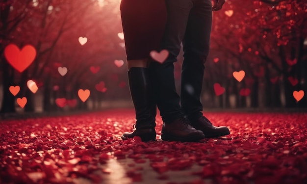 Photo le fond du jour de la saint-valentin, un couple amoureux, des cœurs et des pétales de fleurs.