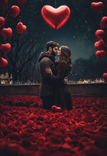 Photo le fond du jour de la saint-valentin, un couple amoureux, des cœurs et des pétales de fleurs.