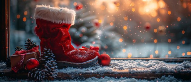 Sur le fond du mur en bois se trouvent les bottes et le sac du Père Noël avec des cadeaux et des cônes À l'extérieur de la fenêtre, des lumières brillantes