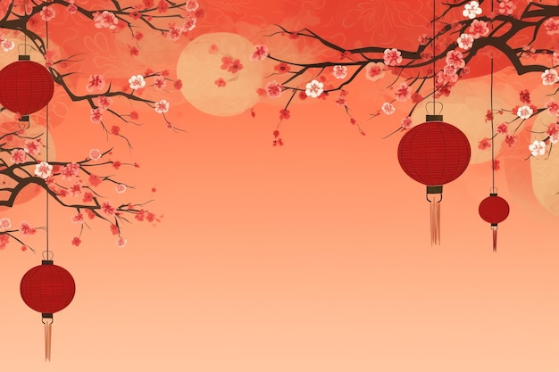 Photo fond du nouvel an chinois avec des lanternes traditionnelles fleurs de sakura et espace de copie nouvel an lunaire