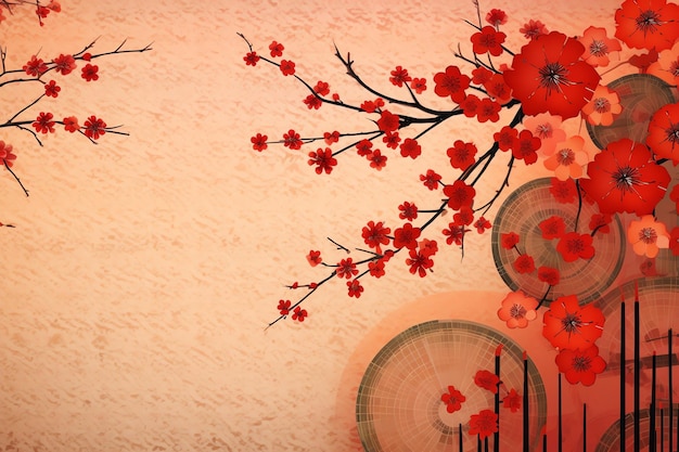Photo fond du nouvel an chinois avec des lanternes traditionnelles fleurs de sakura et espace de copie nouvel an lunaire