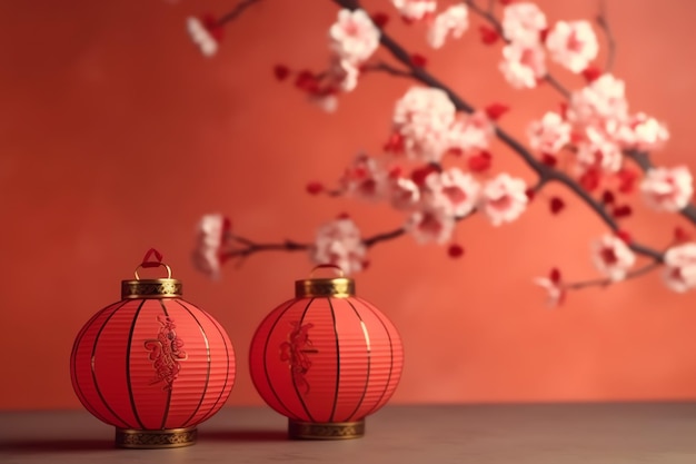 Fond du nouvel an chinois avec des lanternes traditionnelles fleurs de sakura et espace de copie nouvel an lunaire