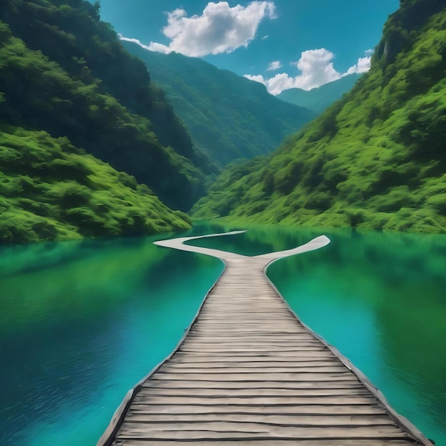 Un fond d'eau bleu et vert avec une route blanche au milieu