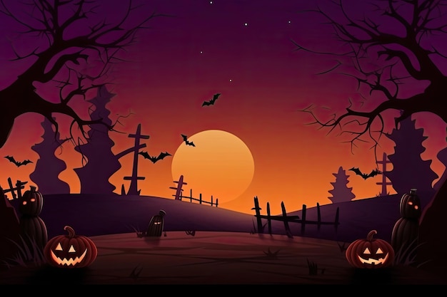 Fond d'écran 2D de cimetière de nuit d'Halloween avec des chauves-souris et un cimetière de citrouille fantasmagorique