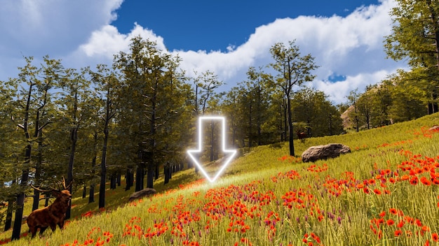 Fond d'écran 3D avec un environnement forestier avec des arbres à flèche vers le bas et de la végétation