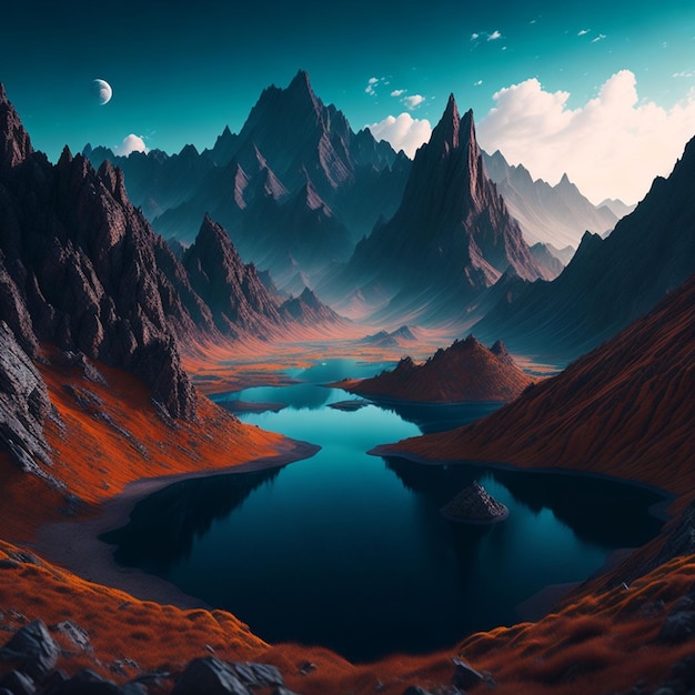Un fond d'écran 4k avec un paysage surréaliste de montagnes et de rivières