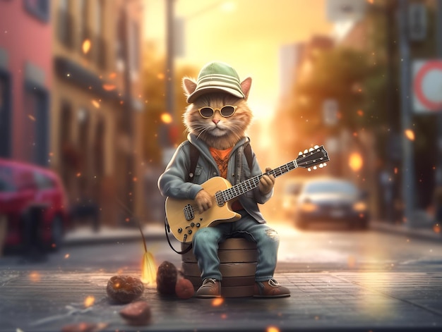 Fond d'écran 4K ultra HD de chat hipster portant un bonnet jouant de la guitare