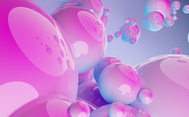 Fond d'écran abstrait de boules colorées et arrière-plan. Conception de motifs pour affiche à la mode, flyer, bannière, carte, couverture, brochure. Boule pastel, bulles flottant dans l'air, gomme, sphères bleu violet. rendu 3D