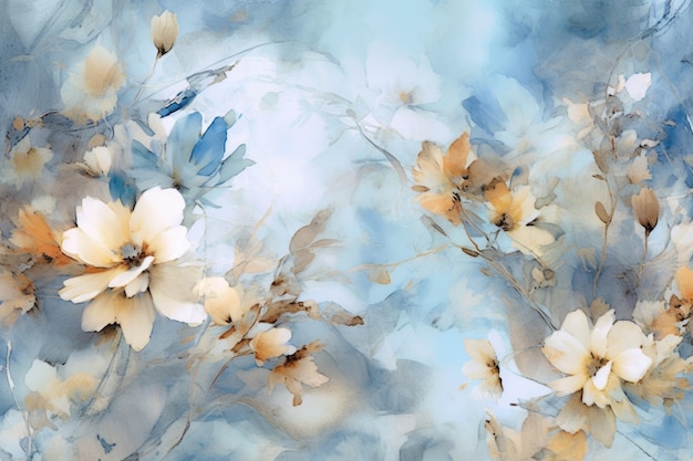 Fond d'écran aquarelle avec des fleurs dans le style de l'atmosphère éthérée et onirique marron clair et azur Generative AI