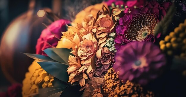 Fond d'écran bouquet de fleurs riche et élégant avec une touche dorée générative ai