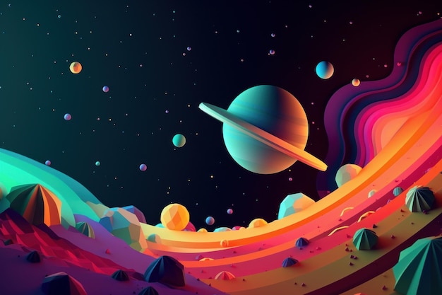 Un fond d'écran coloré avec une planète et des planètes.