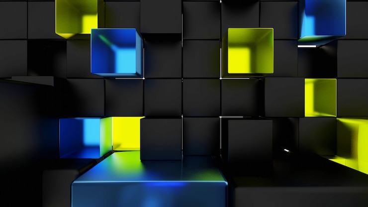 Photo fond d'écran cube acrylique noir, jaune, bleu, noir et scène d'exposition abstraite, rendu 3d facile à télécharger