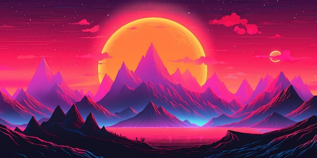 Fond d'écran esthétique retrowave synthwave de montagne avec un design néon cool et vibrant