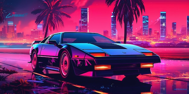 Fond d'écran esthétique de synthwave de voiture avec un design néon cool et vibrant