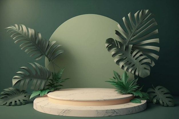Fond d'écran de feuilles tropicales avec podium en marbre blanc AI générative