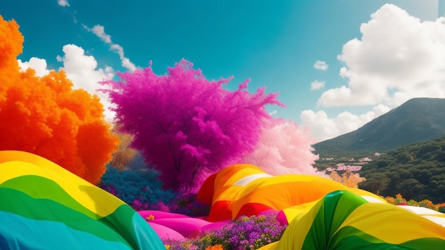 Fond d'écran de fleurs colorées en 8K avec plage de montagne et île