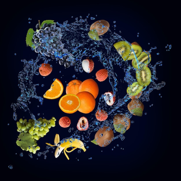Photo fond d'écran avec des fruits dans l'eau des raisins juteux orange banane kiwi litchi sont pleins de vitamines