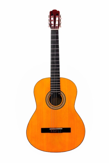 Fond d'écran de guitare acoustique à six cordes isolé sur fond blanc