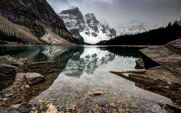 Fond d'écran d'un lac clair sous des montagnes enneigées